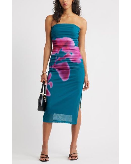 Open Edit Blue Ruched Strapless Mesh Dress