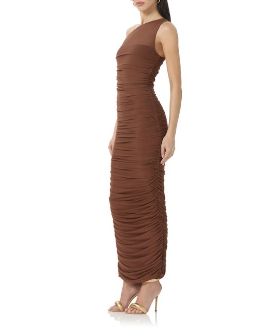 AFRM Brown Biona One-shoulder Ruched Mesh Dress