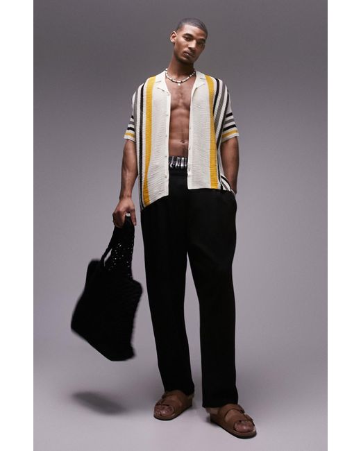 Topman Black Oversize Stripe Short Sleeve Camp Collar Cardigan for men