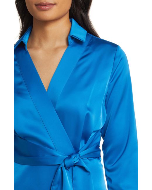 Tahari Blue Long Sleeve Satin Faux Wrap Midi Shirtdress