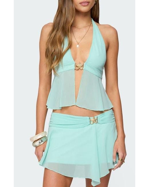 Edikted Blue Sea Star Split Front Chiffon Top
