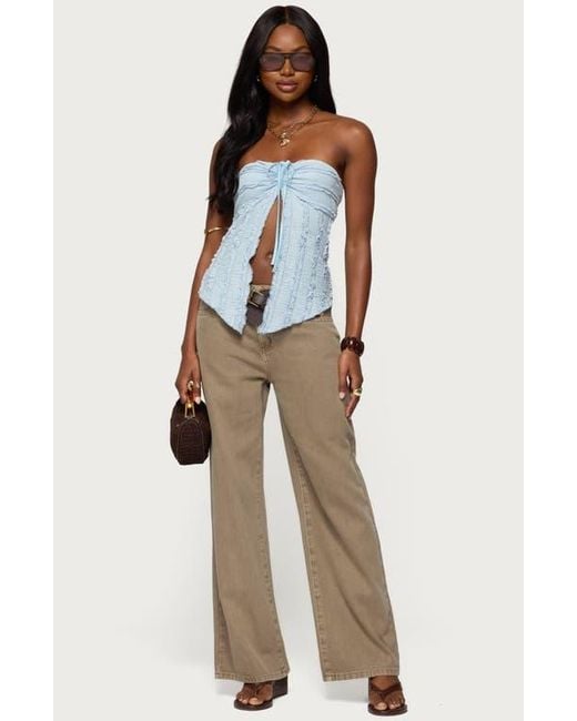 Edikted Blue Textured Ruffle Split Front Strapless Top