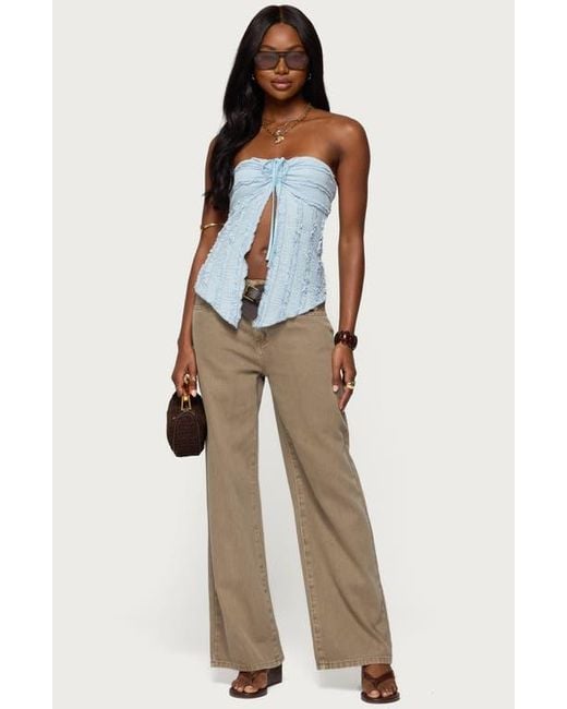 Edikted Blue Textured Ruffle Split Front Strapless Top
