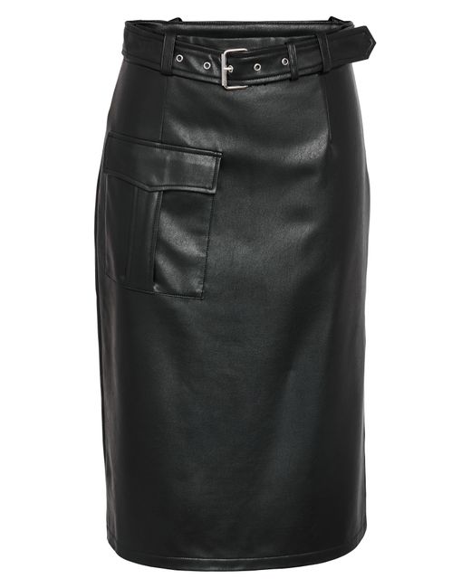 Noisy May Black Paula Cargo Faux Leather Midi Skirt