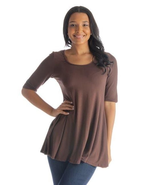 24seven Comfort Apparel Brown Elbow Sleeve Swing Tunic Top