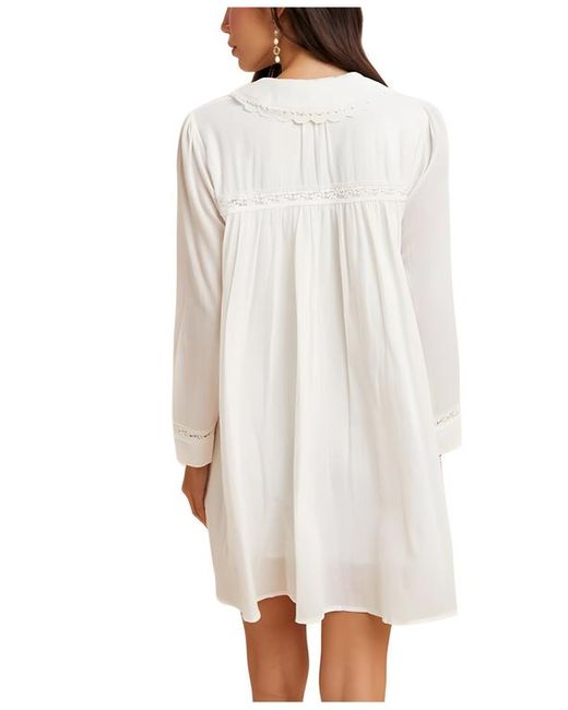 Knit & Lounge Women's White Long Sleeve Button-Front Babydoll Dress With  Crochet Trim