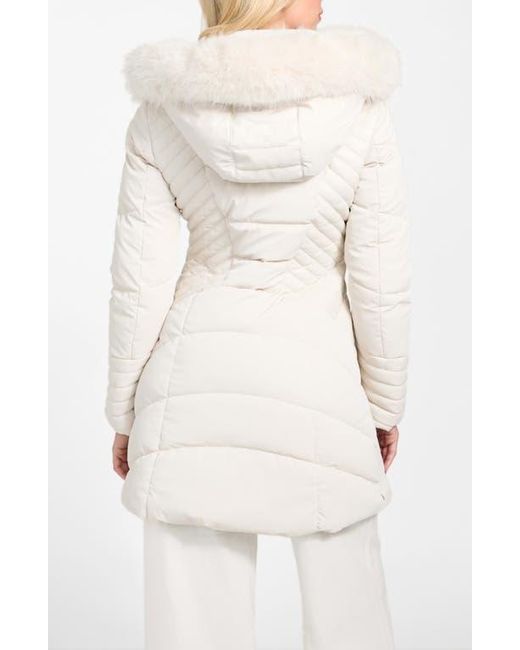 Guess White New Oxana Mixed Media Puffer Coat