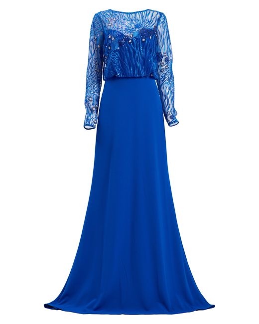 Tadashi Shoji Blue Blouson Sequin Long Sleeve Gown