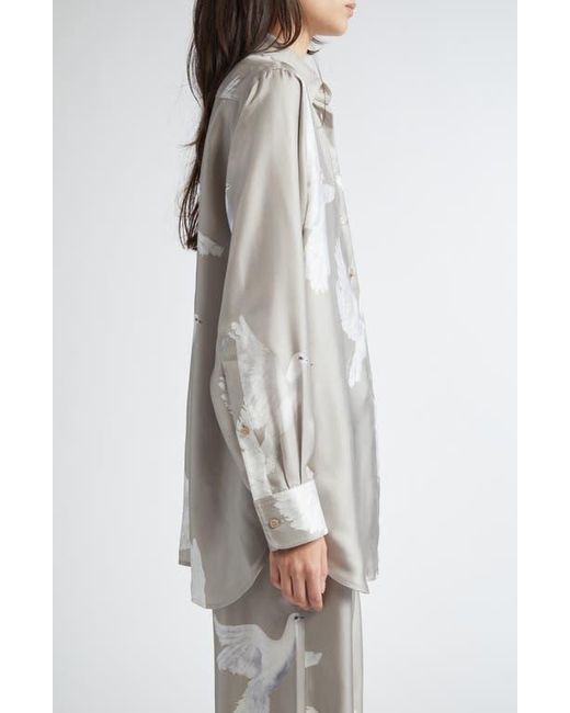 Stella McCartney Gray Birds Print Relaxed Silk Button-Up Shirt