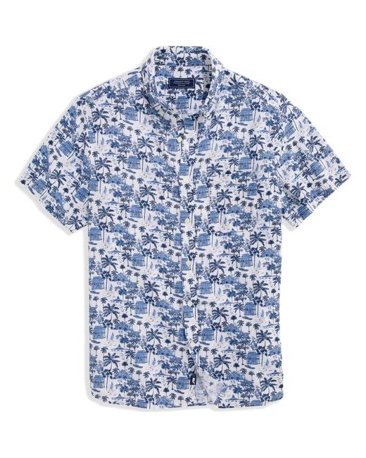 Vineyard Vines Blue Gasparilla Scenic Print Short Sleeve Linen Blend Button-Down Shirt for men