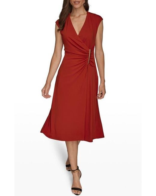 Donna Karan Red Faux Wrap Jersey Midi Dress