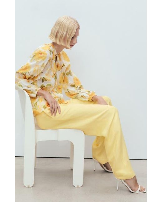 Mango Yellow Floral Tie Neck Button-Up Top