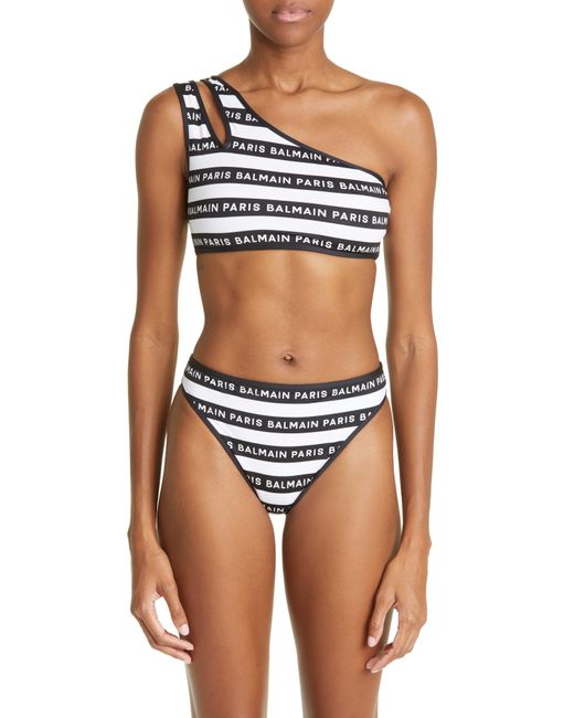 Balmain Logo Stripe One shoulder Two piece Swimsuit In Blue Lyst