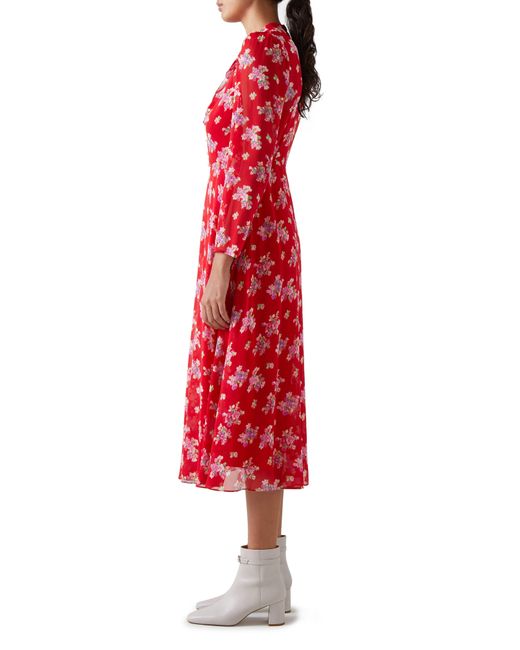 L.K.Bennett Red Keira Floral Print Long Sleeve Silk Midi Dress