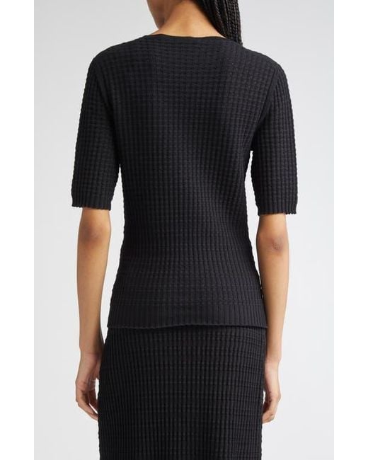 Lafayette 148 New York Black Mixed Stitch Short Sleeve Sweater