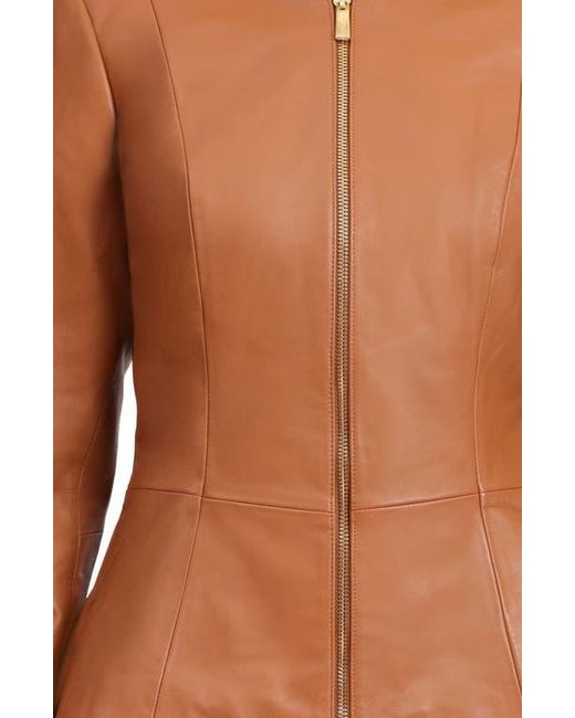 Bagatelle Brown Genuine Leather Zip Front Peplum Jacket