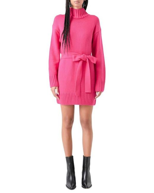 Grey Lab Pink Tie Belt Long Sleeve Sweater Minidress