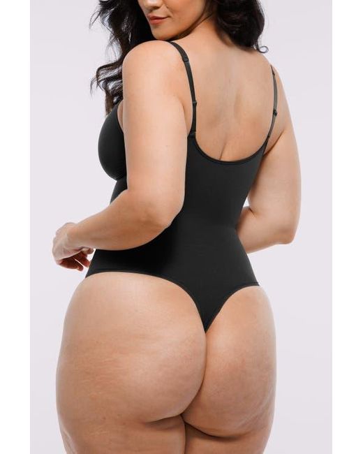 Shapellx Black Skin Flow Zipper Front Thong Bodysuit