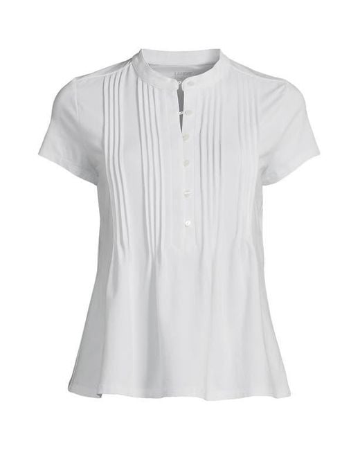 Lands' End White Short Sleeve Lightweight Jersey Button Pintuck Top