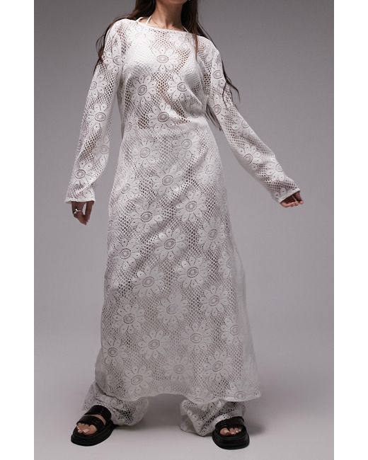 TOPSHOP Gray Long Sleeve Floral Lace Cover-up Maxi Dress