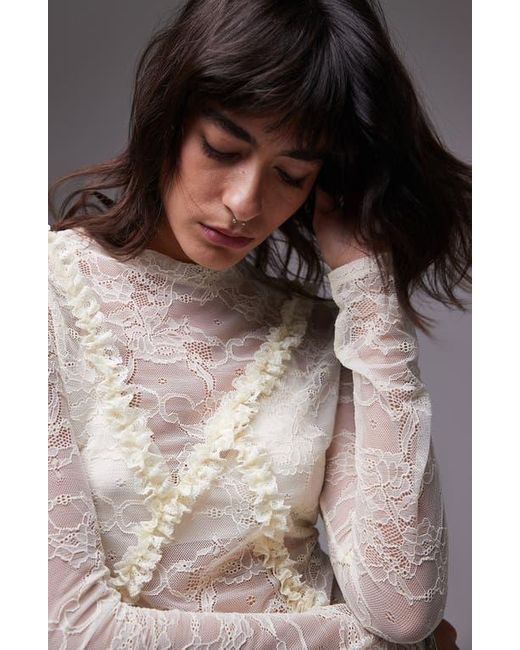 TOPSHOP Gray Lace Ruffle Front Long Sleeve Top