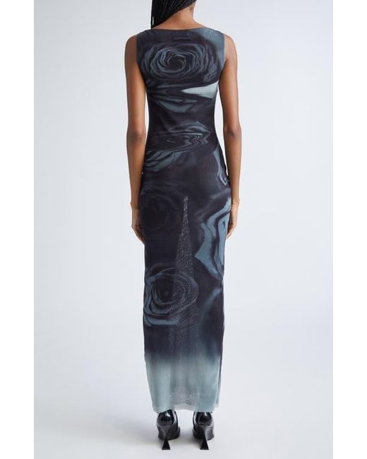 Jean Paul Gaultier Blue Blurry Roses Print Mesh Dress