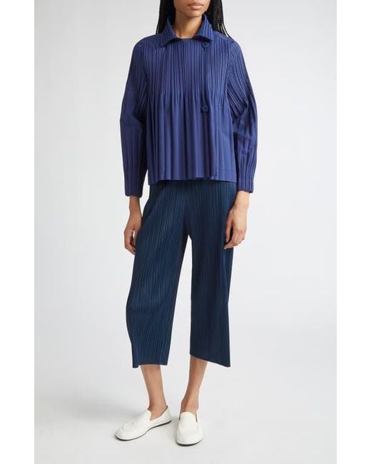Pleats Please Issey Miyake Blue Smooth Pleated Coat