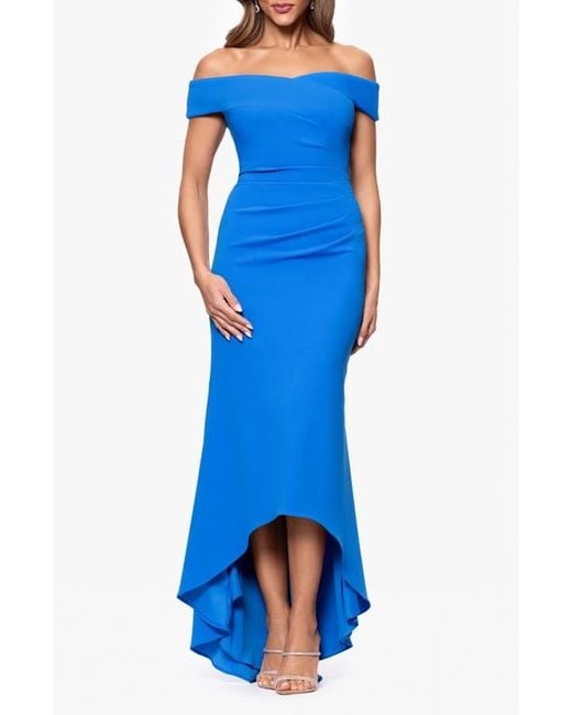 Xscape Evenings Off The Shoulder High-Low Scuba Crepe Gown in Blue | Lyst