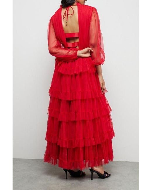 Red Neck Ruffles Warehouse Ruffle Neck Tulle Maxi Dress in Red | Lyst