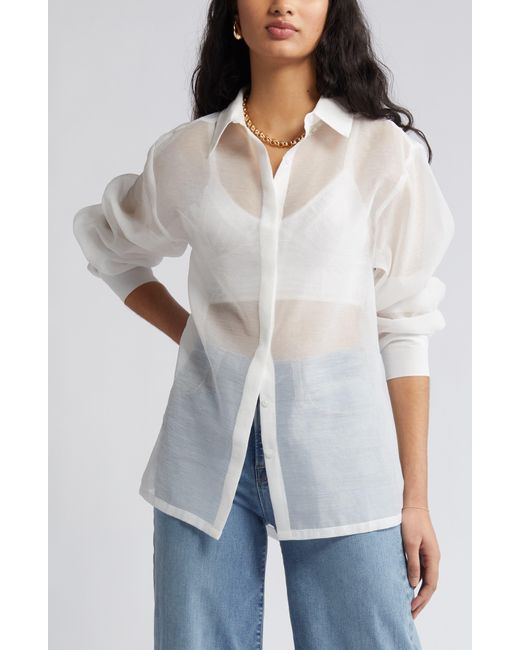 Open Edit White Sheer Button-up Shirt