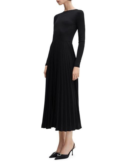 Mango Long Sleeve Pleated Dress in Black