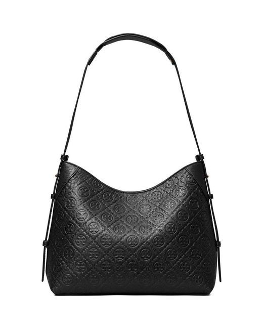 Tory Burch Black T Monogram Pebble Leather Messenger Bag