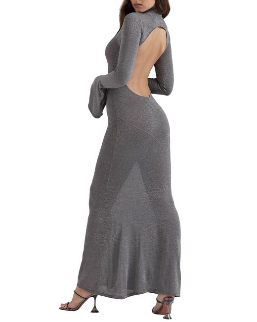 House Of Cb Gray Sancha Open Back Long Sleeve Semisheer Body-con Maxi Dress