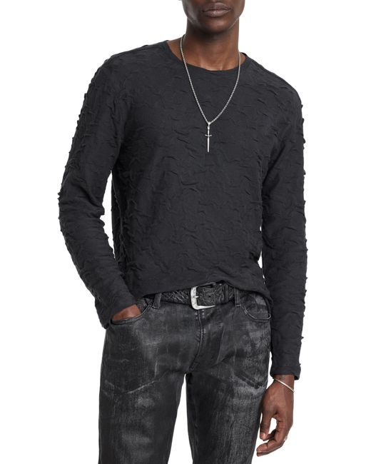 John Varvatos Black Cruzeiro Crinkle Texture Long Sleeve Cotton T-shirt for men