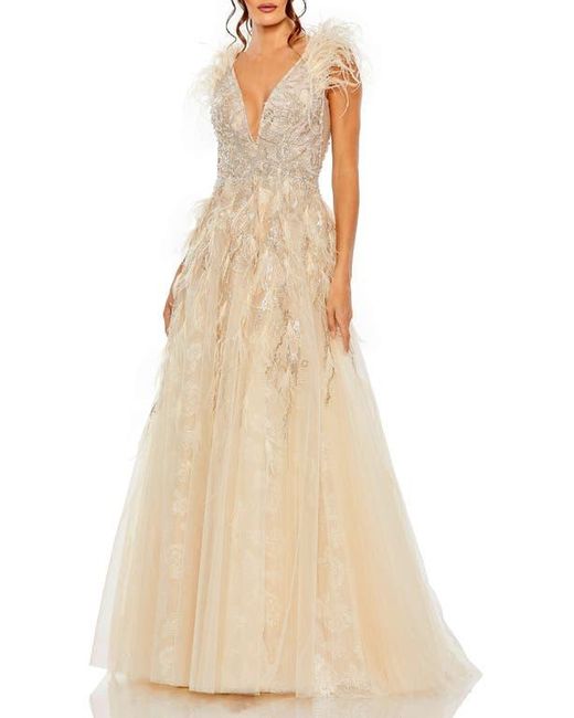 Mac Duggal Natural Embellished Feathered Sleeveless A Line Gown
