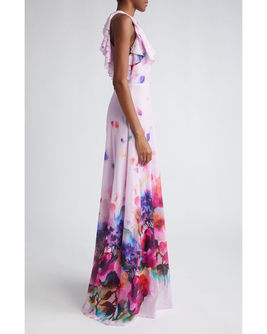 Lela Rose Red Watercolor Floral Print Ruffle Cotton Voile Gown
