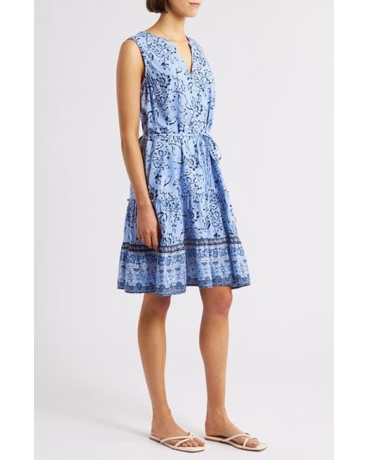 Beach Lunch Lounge Blue Atlas Print Sleeveless Tiered Dress