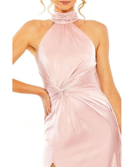 Mac Duggal Pink Open Back High Neck Side Ruched Gown