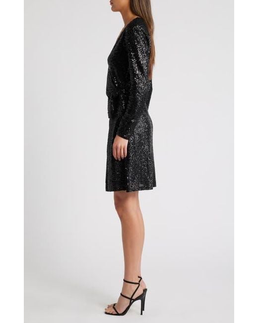 Chelsea28 Black Long Sleeve Sequin Wrap Minidress
