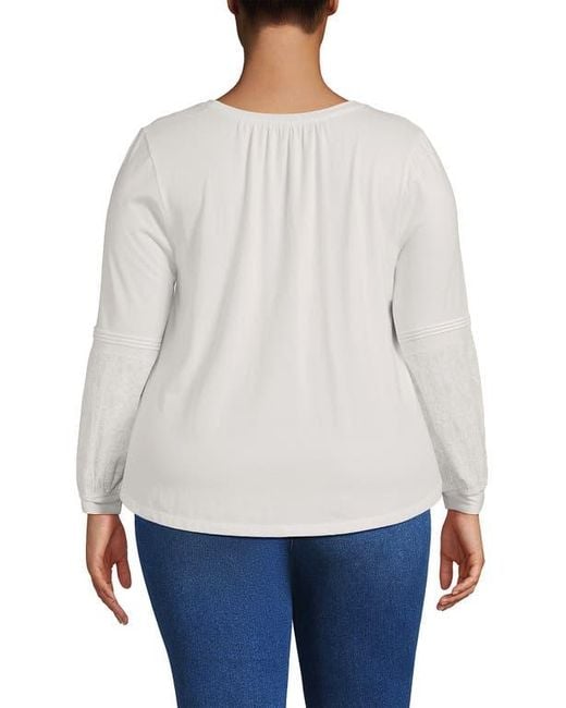 Lands' End White Lightweight Jersey Lace Mix Long Sleeve Pintuck Top