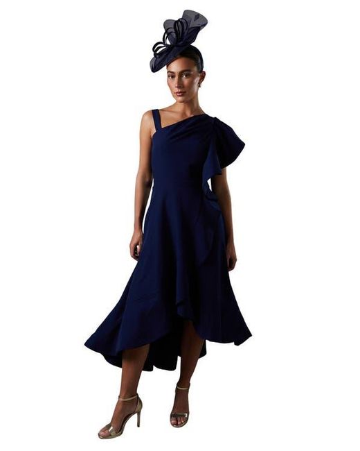 Coast Blue One Shoulder Crepe Ruffle Midi Dress