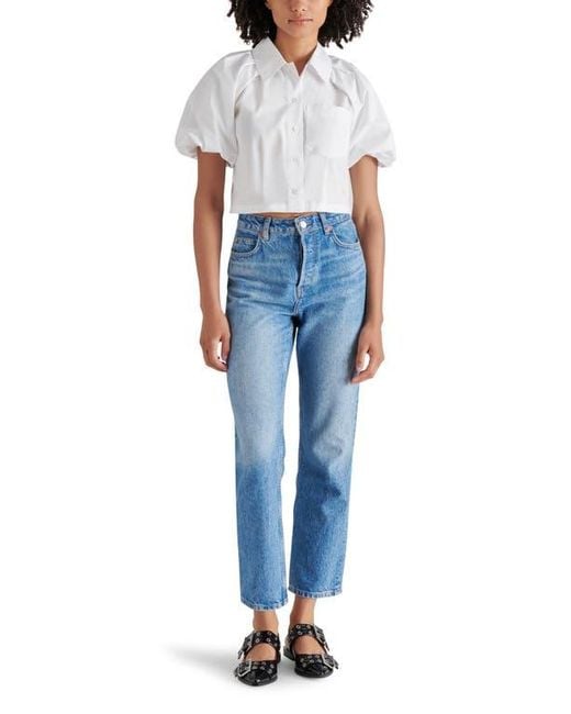 Steve Madden Blue Reece Puff Sleeve Crop Poplin Shirt