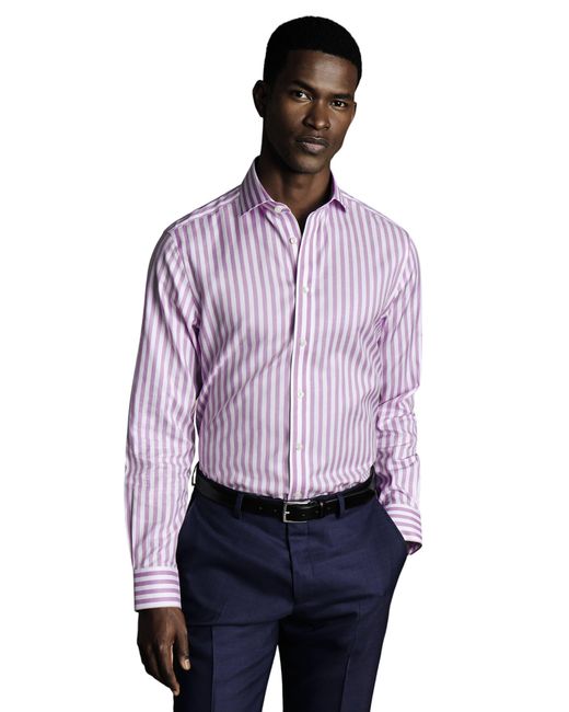 Charles Tyrwhitt Purple Wide Stripe Non-iron Twill Cutaway Slim Fit Shirt Single Cuff for men