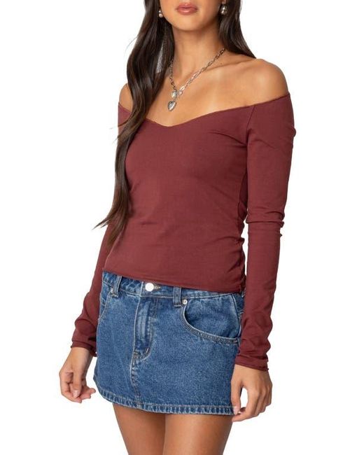 Edikted Red Nattie Off The Shoulder Long Sleeve Top