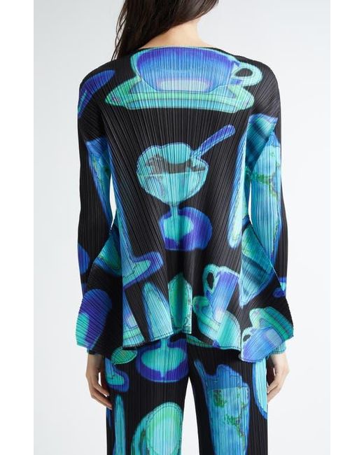 Pleats Please Issey Miyake Blue Thermal Floods Print Pleated Top