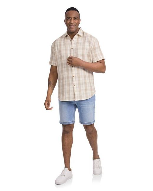 Johnny Bigg Natural Plaid Short Sleeve Waffle Cotton Button-Up Shirt for men