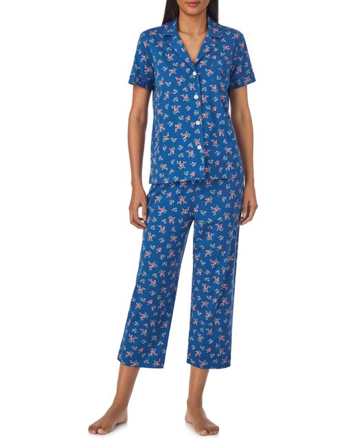 Lauren by Ralph Lauren Blue Floral Cotton Blend Crop Pajamas