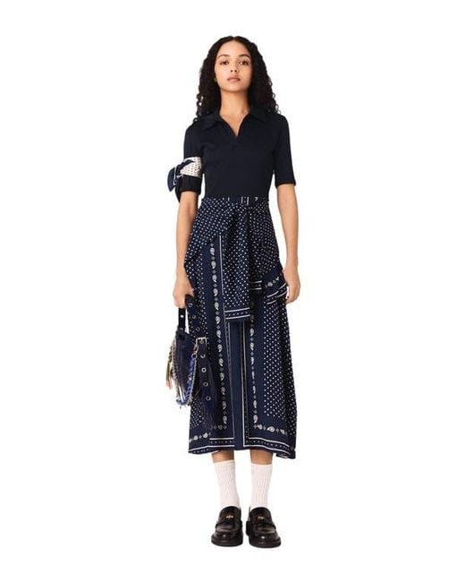 Maje Blue Patterned Mixed-Material Dress