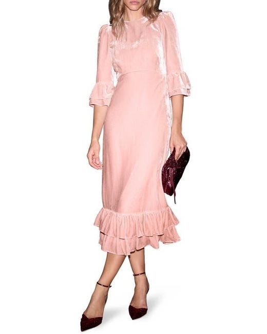 Mint Velvet Pink Velvet Ruffle Midi Dress