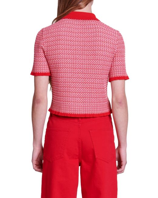 Maje Red Manamaille Herringbone Knit Button-up Shirt